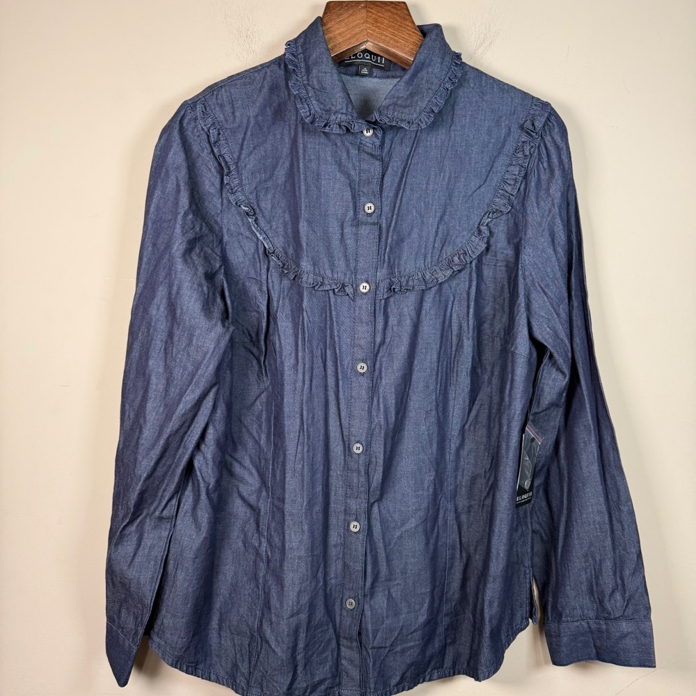 Eloquii NWT Dark Wash Chambray Button Down Ruffled Bib Yoke Collar 16 Western